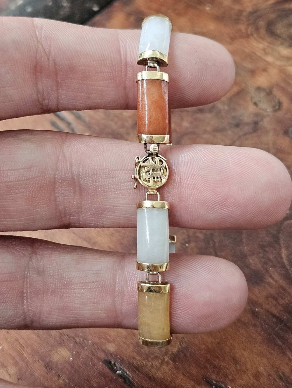 Vintage Chinese Solid 14k Yellow Gold Multi Color Jade Link Bracelet 6.5"